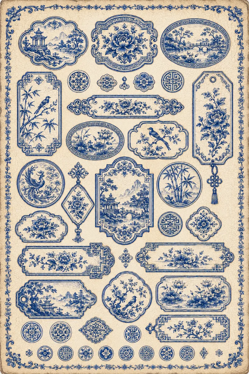 Collection of blue chinoiserie labels, frames, birds, peonies, bamboo, lotus flowers, pagodas, and scenic medallions